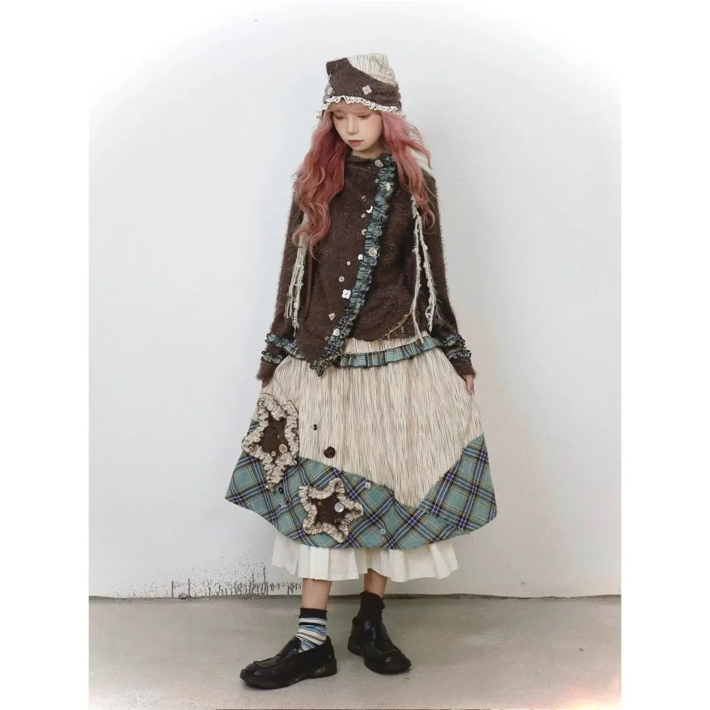 Goblincore Patchwork Plaid Ruffle Skirt