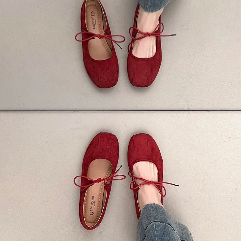 Vintage Aesthetic Crimson Suede Bow Dress Flat