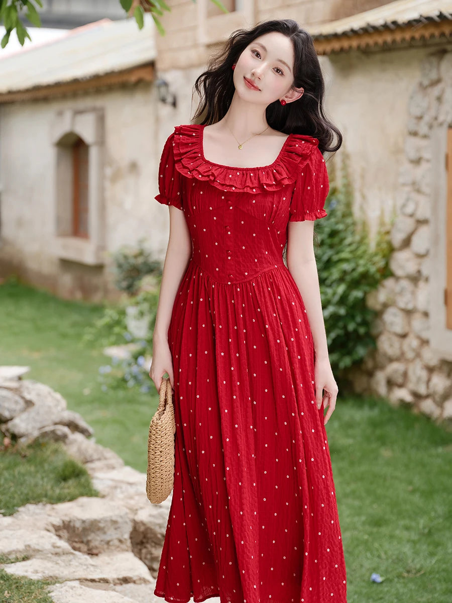 Cottagecore Dotted Ruffle Midi Dress