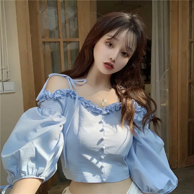 Romantic Puff Sleeve Tie-Shoulder Blouse