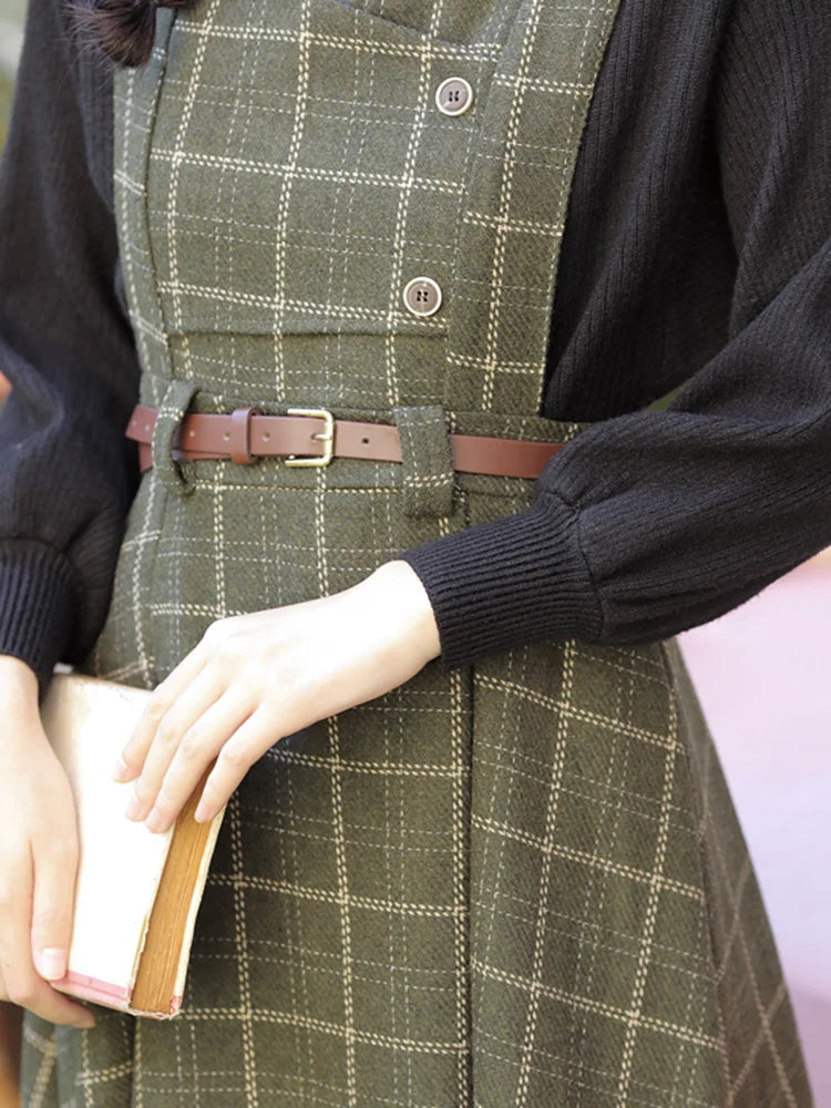 Retro Brown Plaid Apron Dress