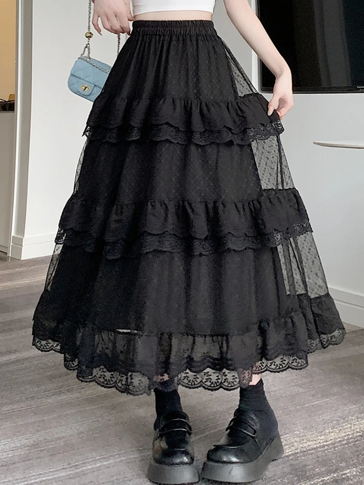 Dark Cottagecore Midnight Lace Tiered Skirt