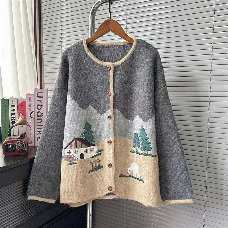 Cottagecore Pastel Village Scene Cardigan cottagecoreclothes