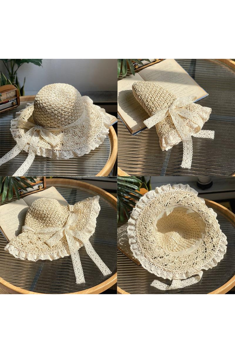 Vtg Cottage Core Straw Weaved Sun Hat Cream‎ Beige Checked Burlap Flower Braided This item is unavailable - Etsy main image 2