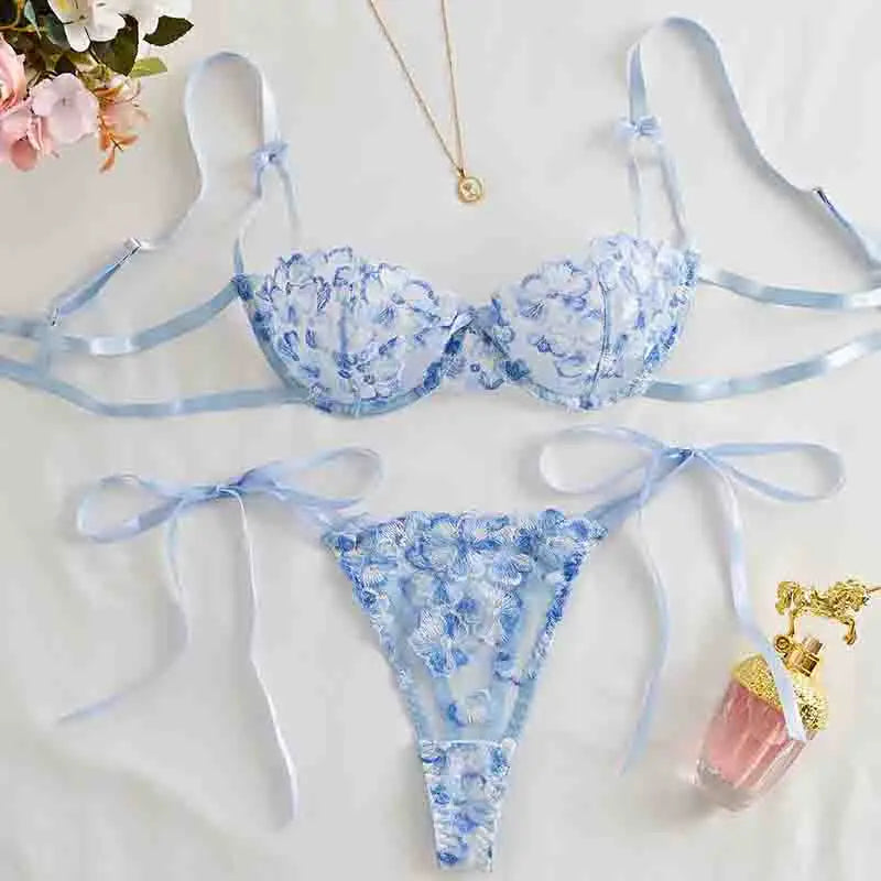 Ethereal Forget-Me-Not Embroidered Lingerie Set
