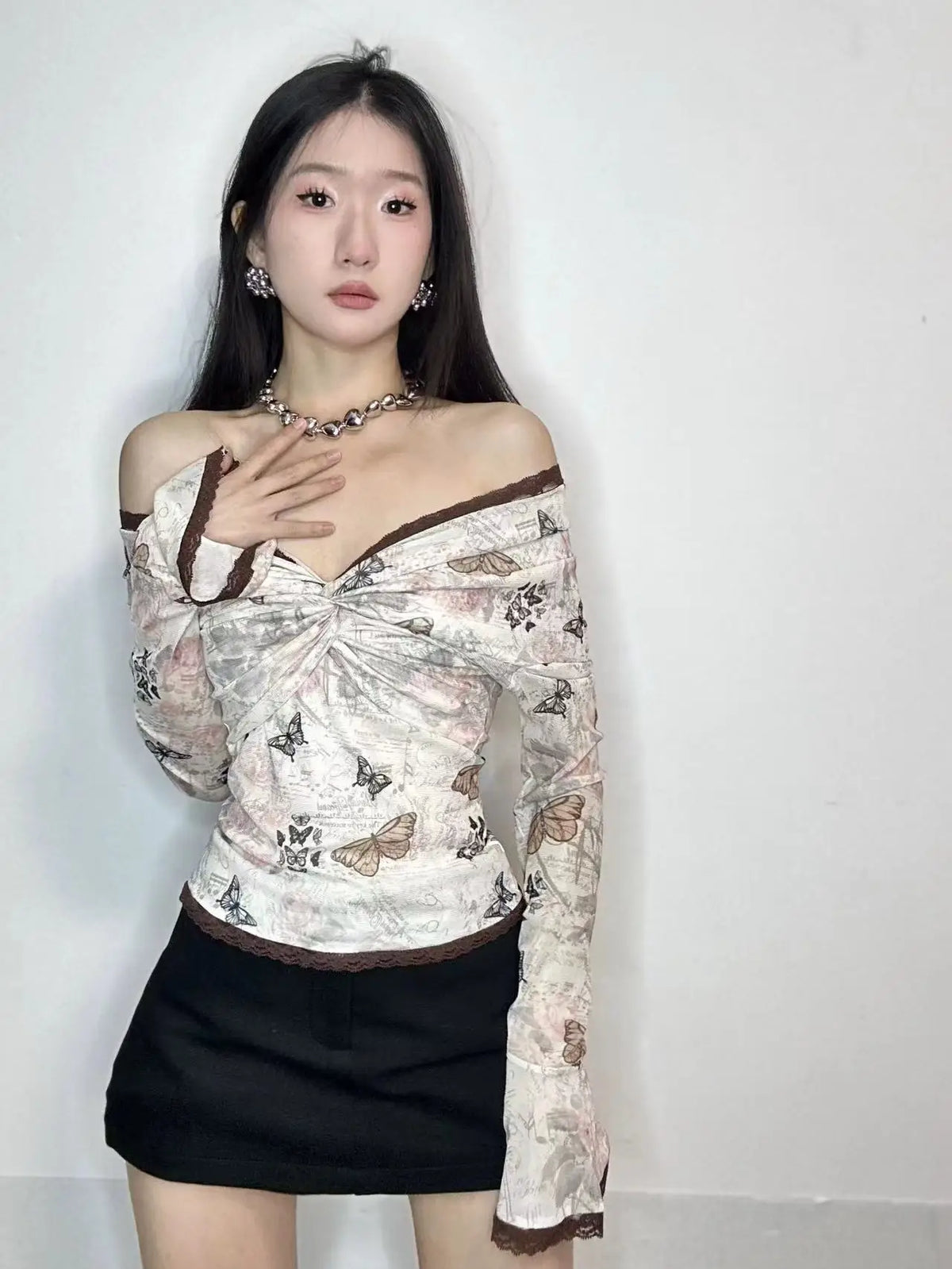 Fairycore Off-Shoulder Floral Mesh Top