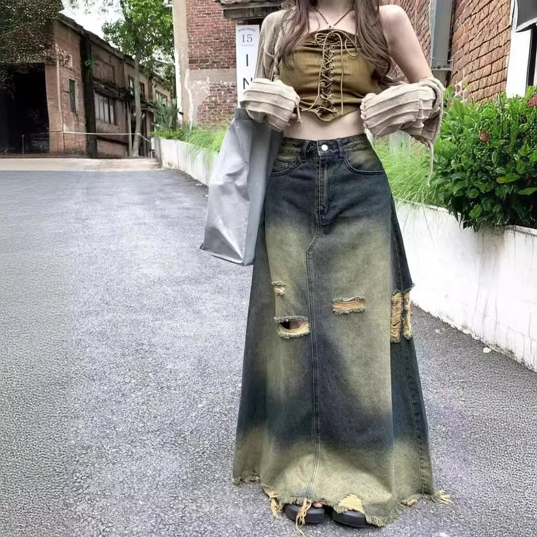 Grunge Distressed Denim Maxi Skirt