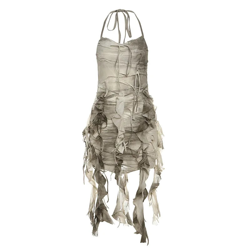 Fairy Grunge Shredded Ash Halter Mini Dress