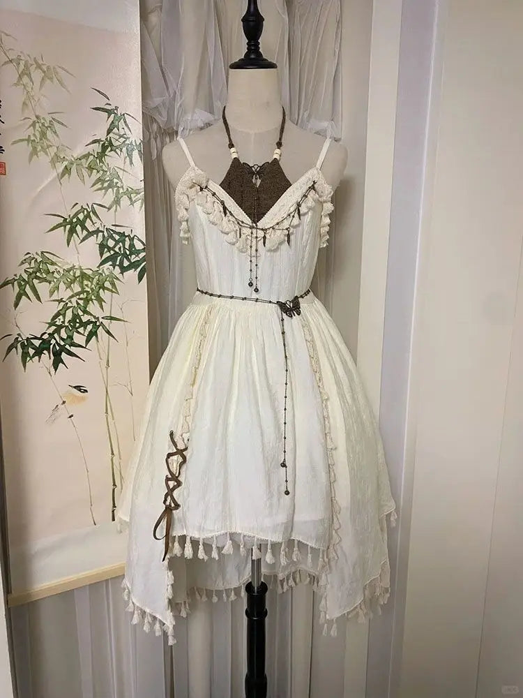 White Mori Kei Fairycore Tassel Dress
