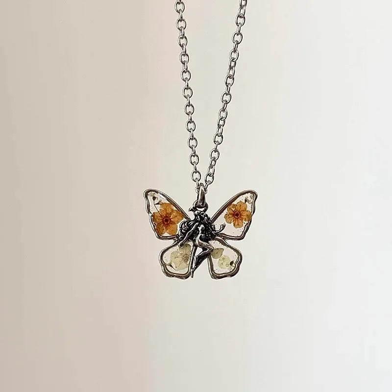 Fairycore Pressed Bloom Butterfly Elf Necklace