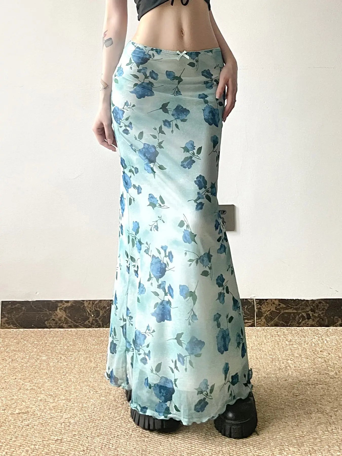 Fairycore Blue Rose Chiffon Midi Skirt