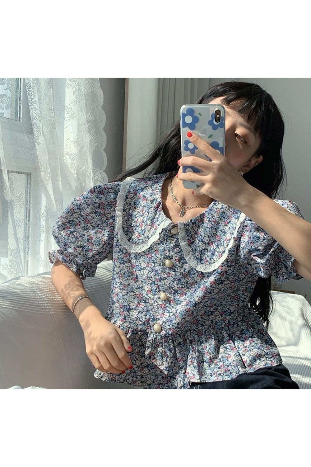 Blue Floral Lace Collar Shirt cottagecoreclothes