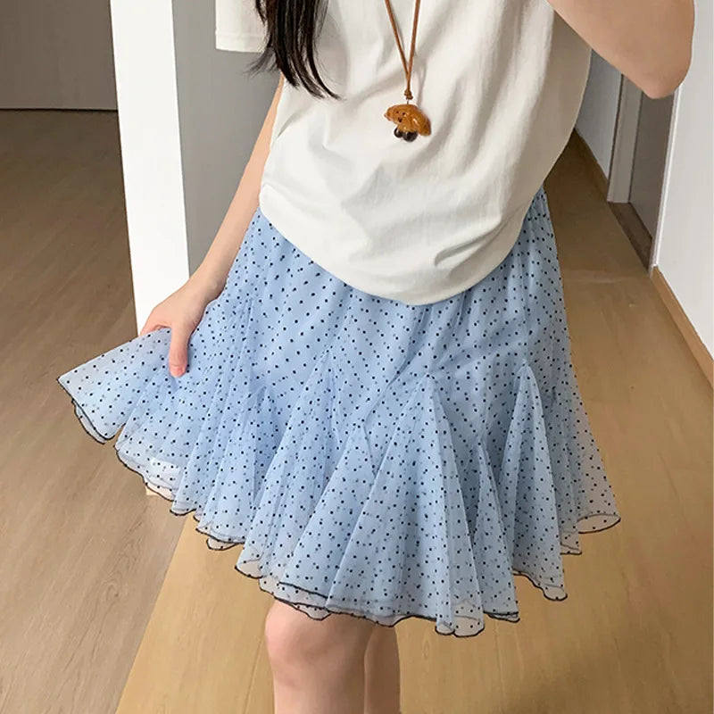 Retro Aesthetic Polka Dot Chiffon Ruffle Mini Skirt