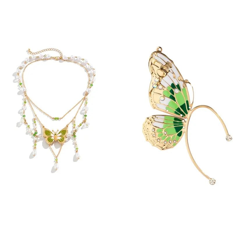 Fairycore Moss Butterfly Layered Pearl Necklace