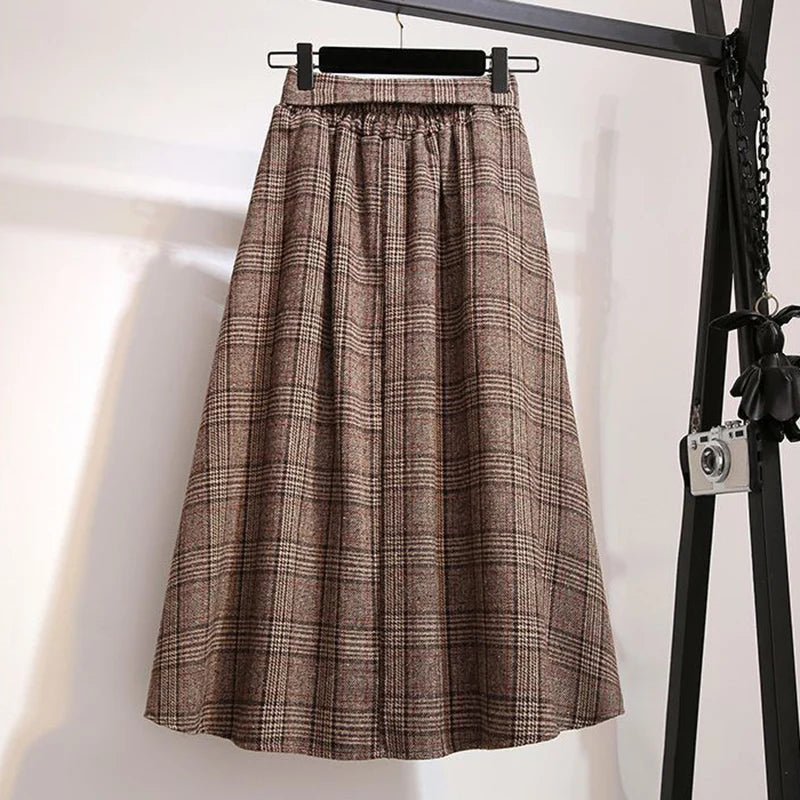 Vintage Plaid Belted Midi Skirt