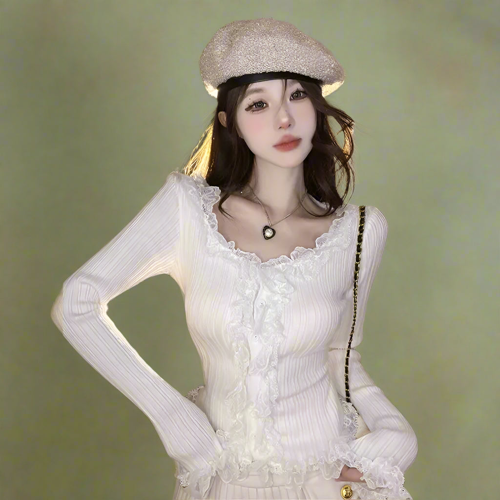 Cottagecore Lace Trim Ribbed Cardigan cottagecoreclothes