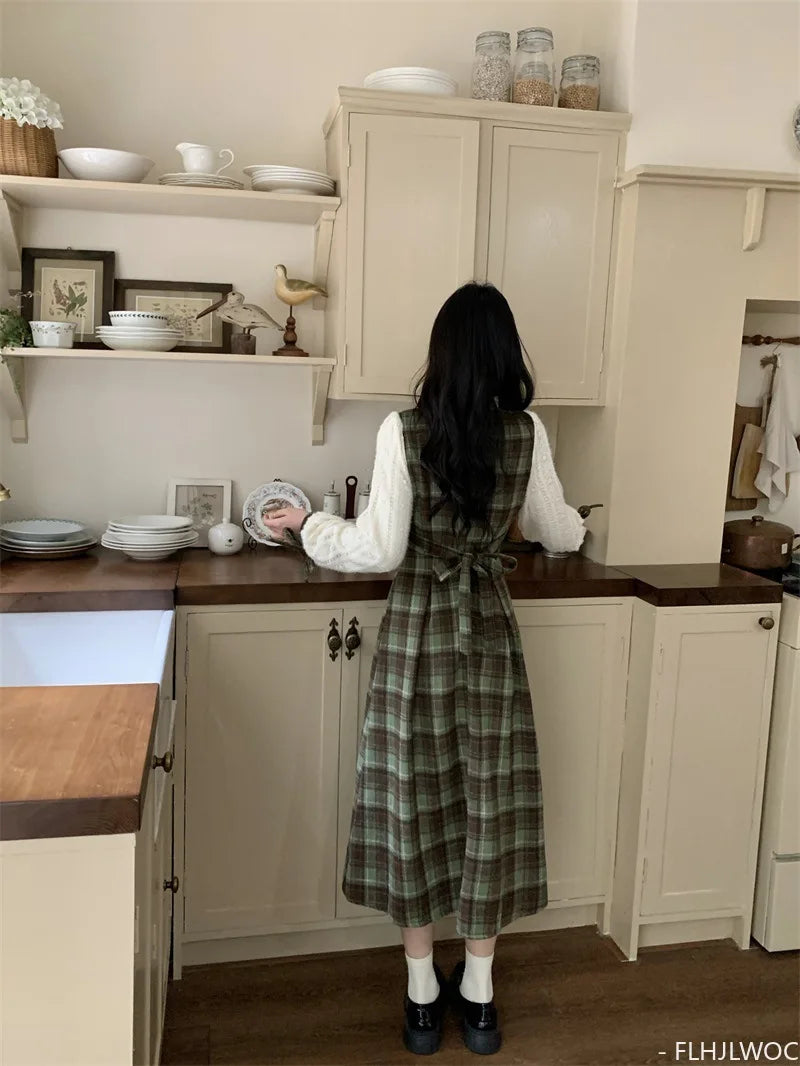 Mori Girl Sage Plaid Midi Dress Set