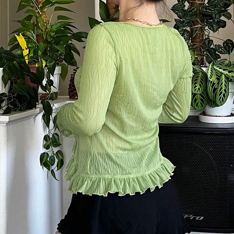 Fairycore Lime Green Ruffle Tie-Front Cardigan