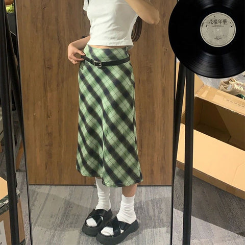 Green Vintage Plaid High Waist Midi Skirt