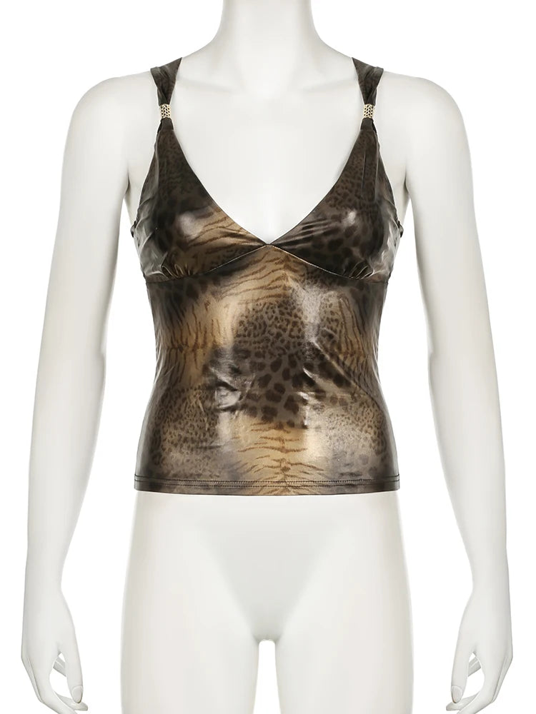 Top retro con estampado de leopardo bronce