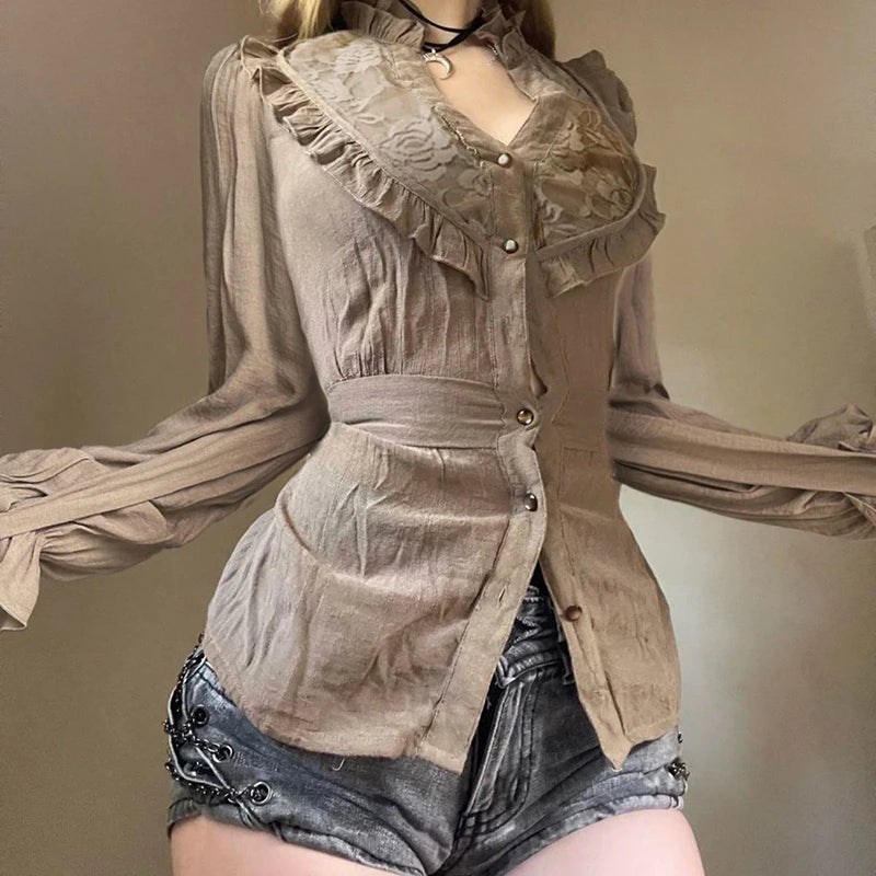 Vintage Lace Ruffle Puff Sleeve Blouse