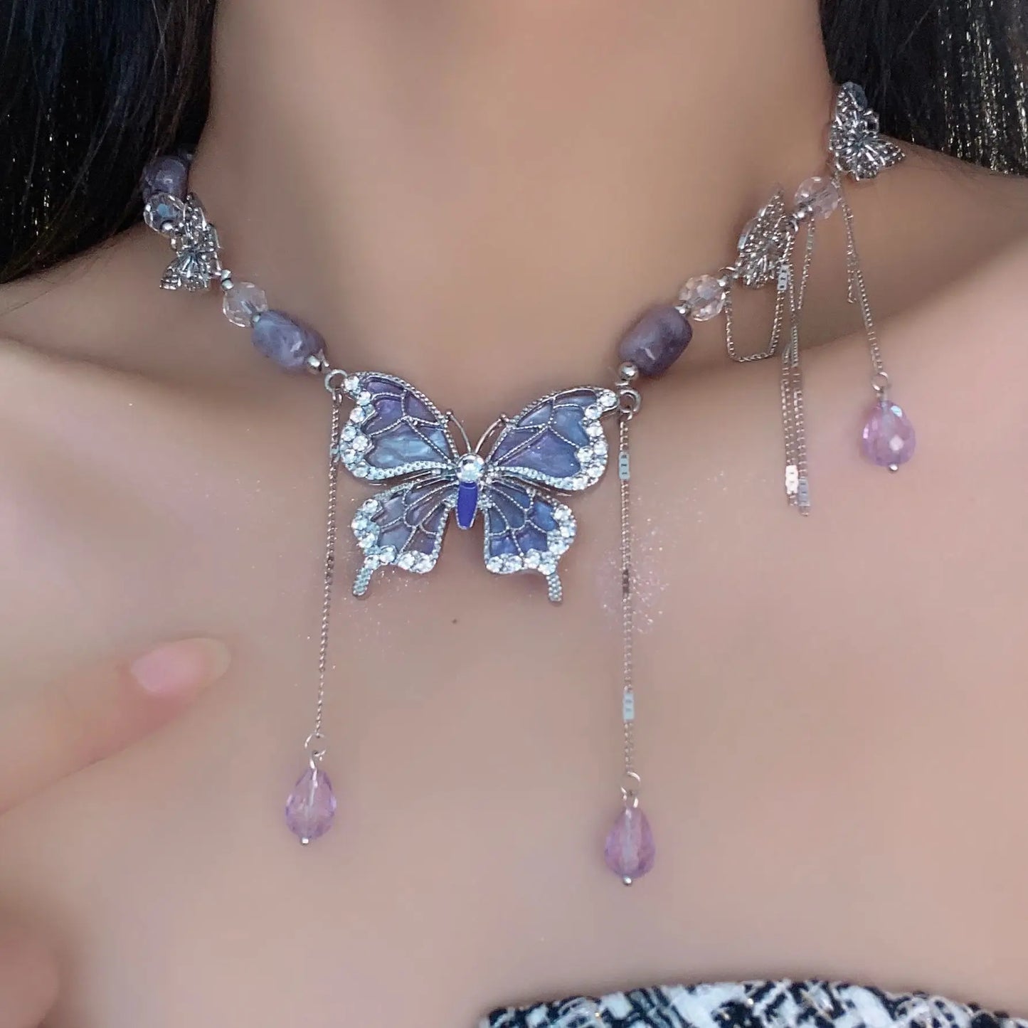 Fairycore Violet Butterfly Crystal Tassel Necklace