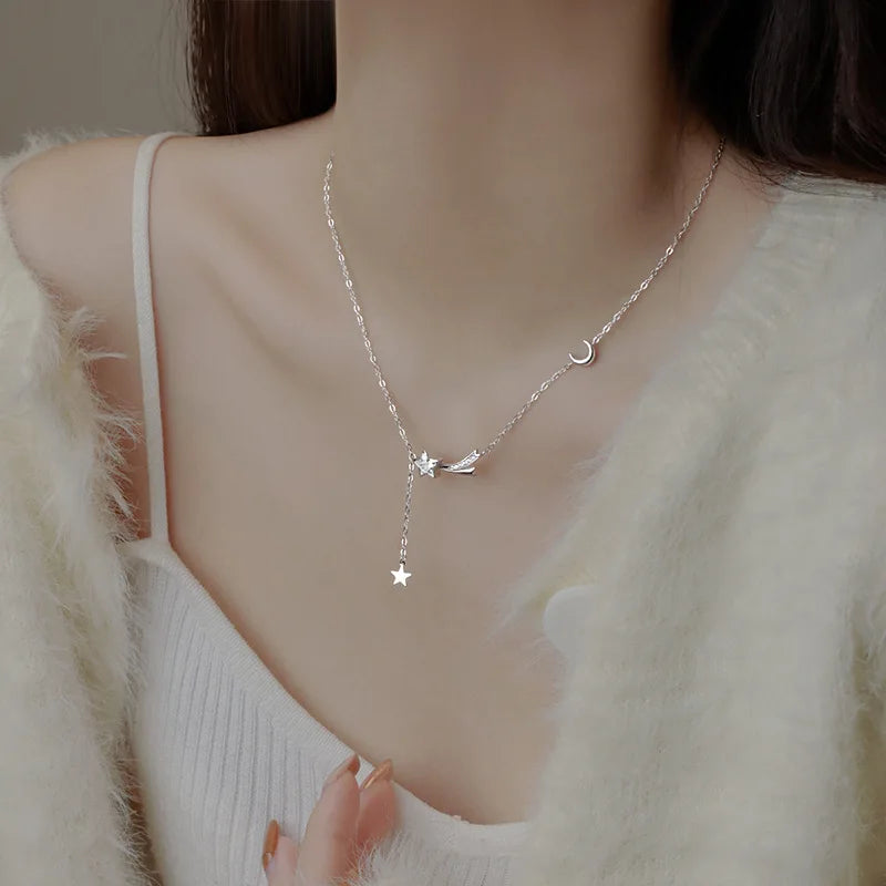 Ethereal Drop Necklace with Crystal Comet & Moon