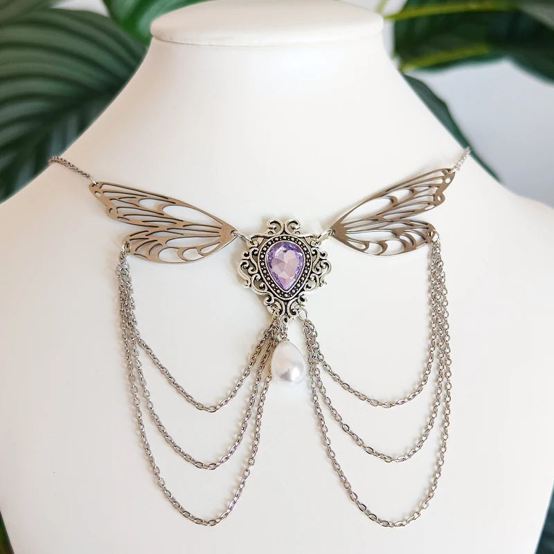 Fairycore Winged Crystal Pendant Necklace