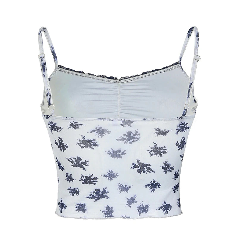 Fairycore Navy Flower Print Lace Trim Top