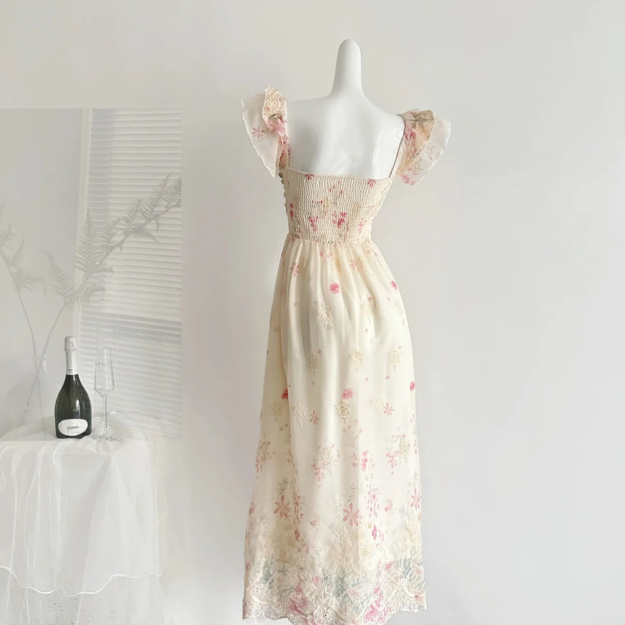 Fairycore Cream Floral Embroidered Ruffle Maxi Dress