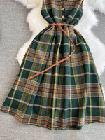 Vintage Plaid V-Neck Buttoned Dress