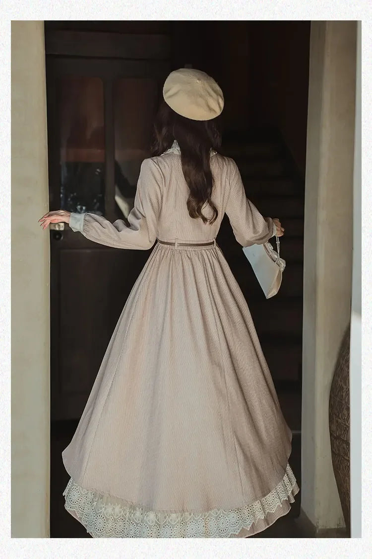 Vintage Aesthetic Lace Collar Pinstripe Midi Dress