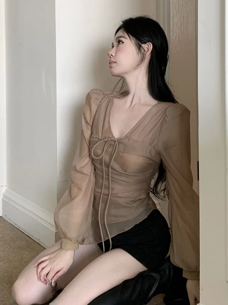 Fairycore Sheer Ruched V-Neck Blouse