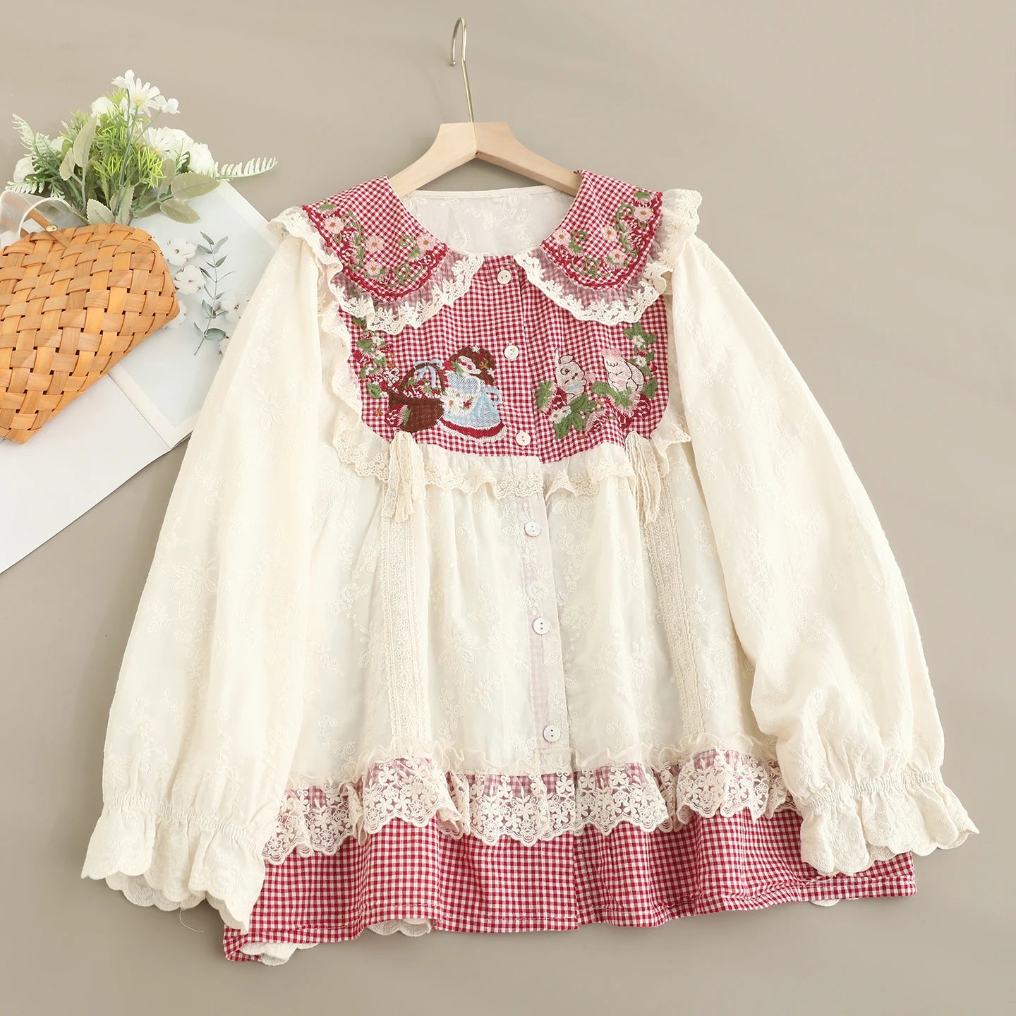 Sweet Mori Embroidered Ruffle Blouse