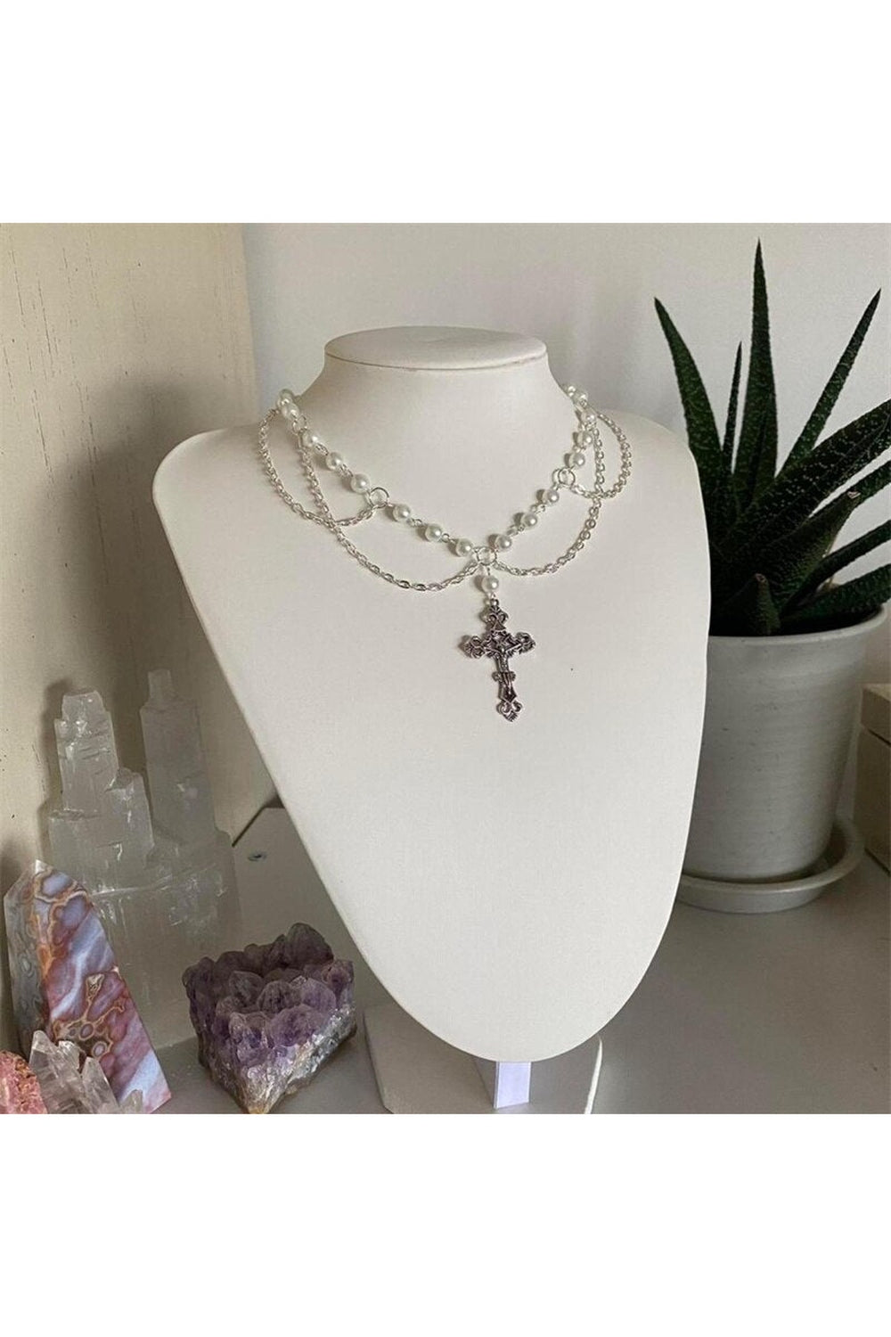 Cottagecore Cross Rosary Layered Necklace cottagecoreclothes