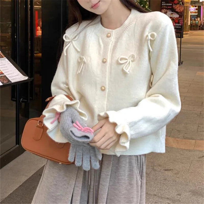 Princess Aesthetic Ivory Bow Knit Cardigan