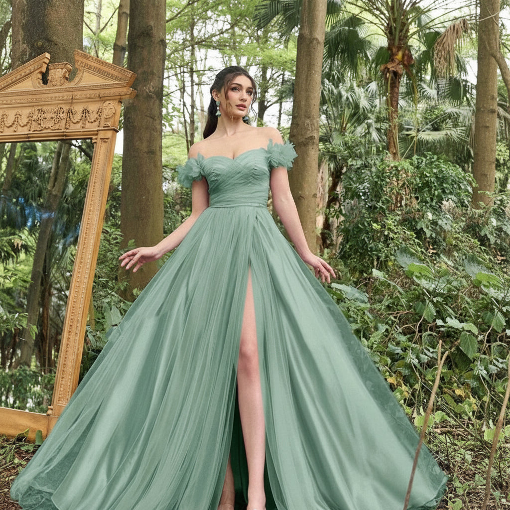 Ethereal Sage Forest Tulle Gown Dress