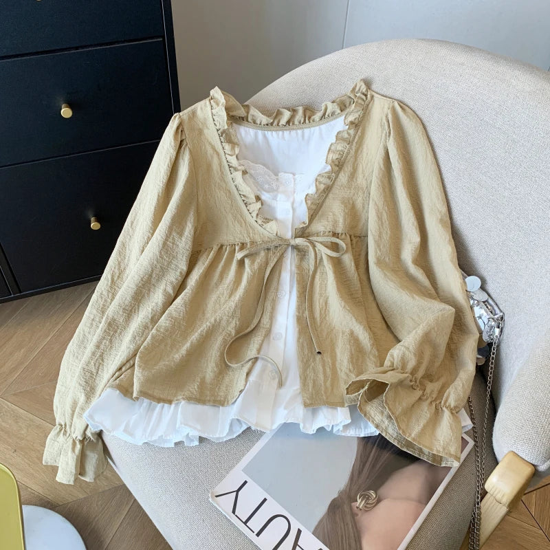 Mori Girl Layered Ruffle Tie-Front Shirt