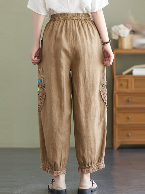 Pantalones de lino con bordado floral de Cottagecore