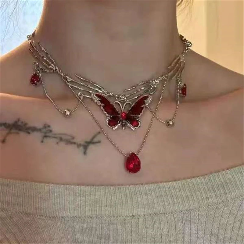 Whimsigoth Crimson Butterfly Layered Choker Necklace