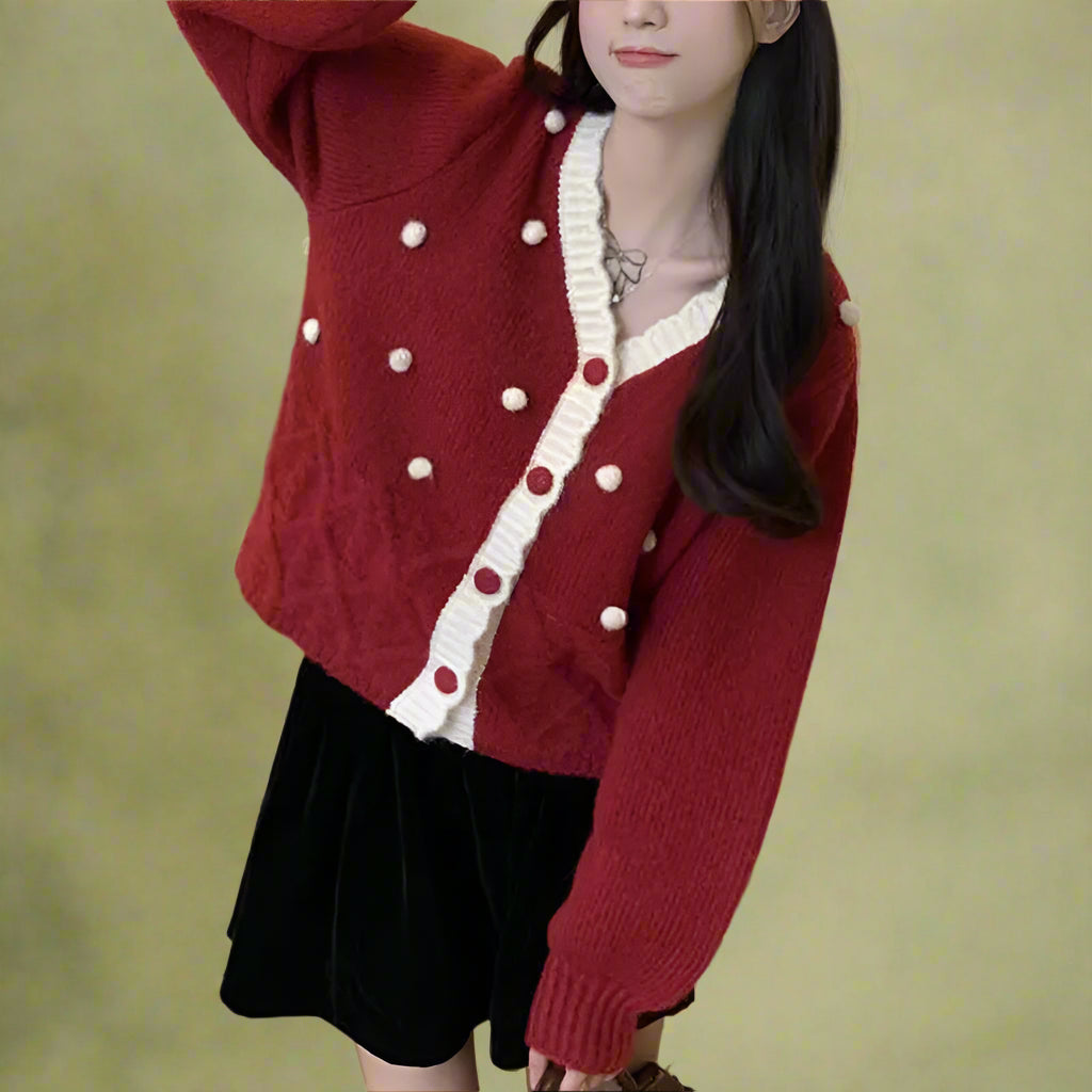 Vintage Puff Sleeve Pom Cardigan cottagecoreclothes