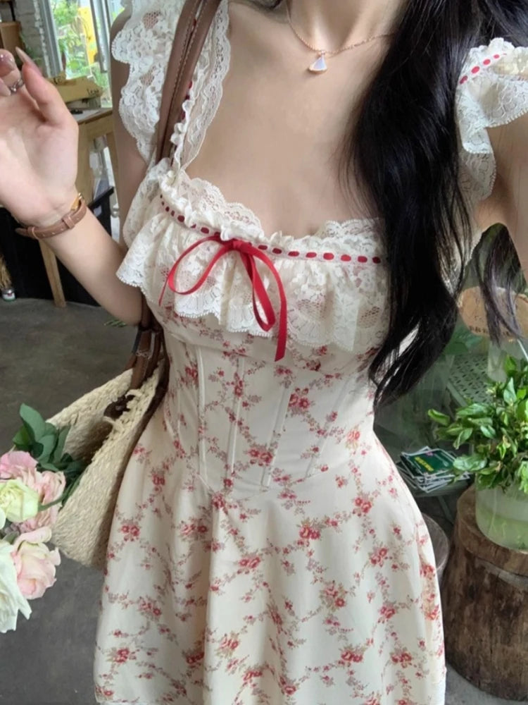 Cottagecore Rosy Lace Trim Dress