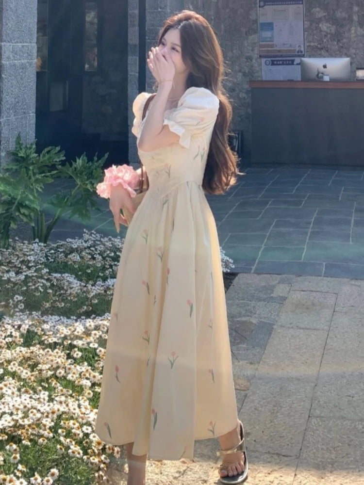 white christmas dresses Floral Square Neck Maxi Dress Cottagecore Lace-Up Bustier Dress with Puff Sleeves & Pleated Skirt (MA234), White / M main image 0