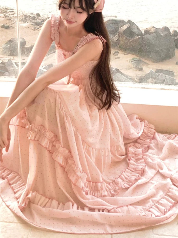 Fairycore Pink Ruffled Midi Dress