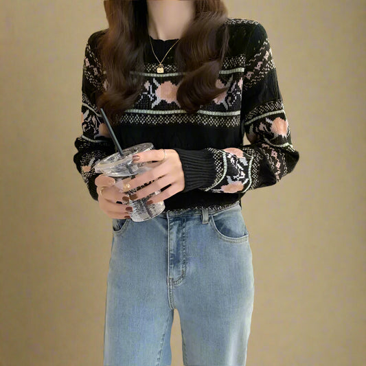 Vintage Eyelet Pattern Long-Sleeve Pullover cottagecoreclothes