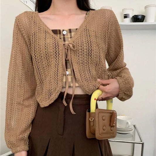 Mori Girl Tie Front Mesh Knit Crop Cardigan