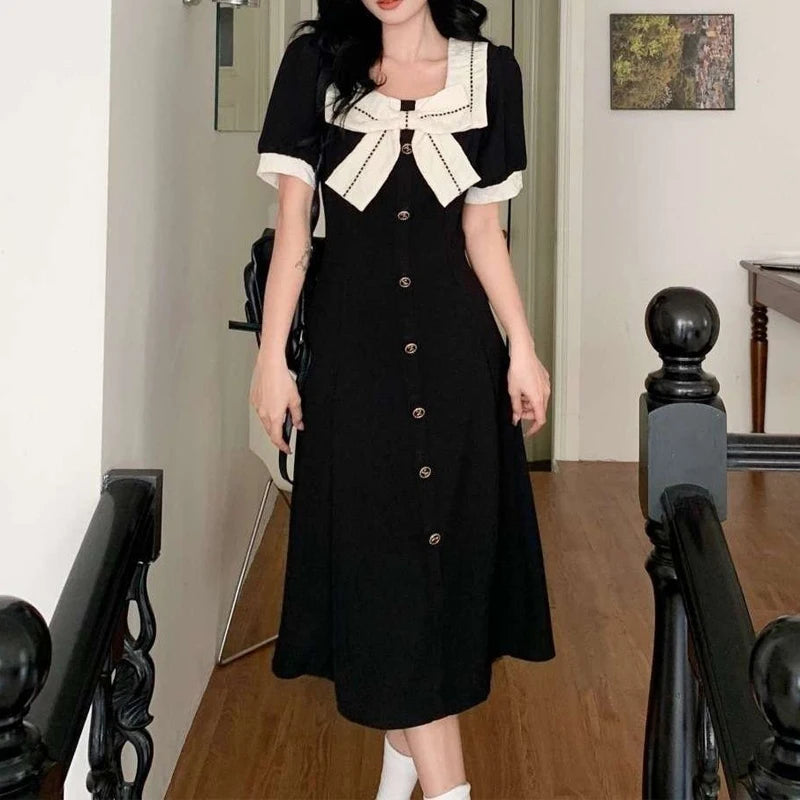 Retro Bow Collar Button-Up Dress