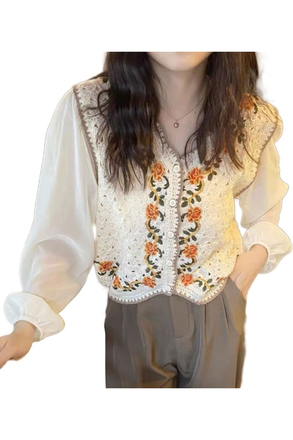 Chiffon Puff Sleeve Button Blouse