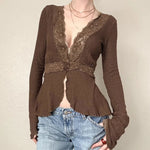 Vintage Deep V-Neck Lace Knit Top