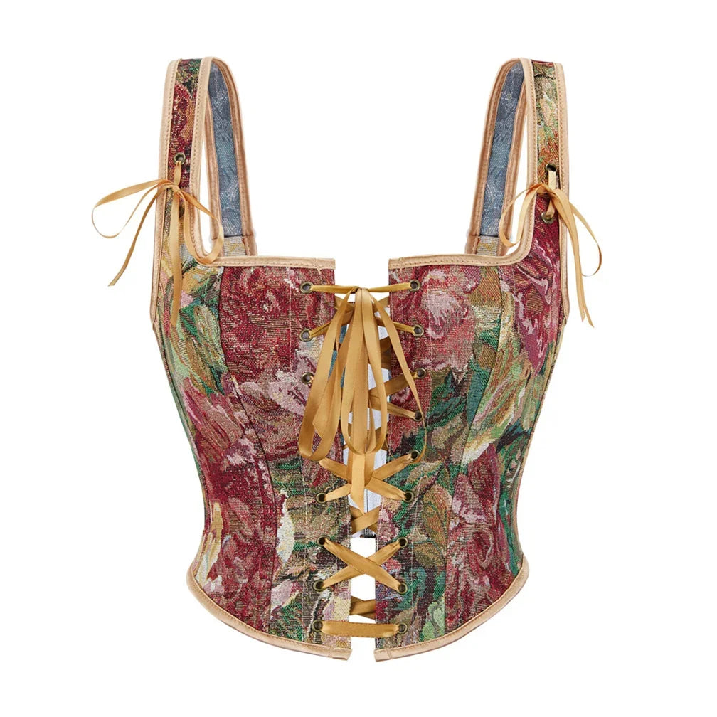 Vintage Aesthetic Tapestry Floral Lace-Up Corset